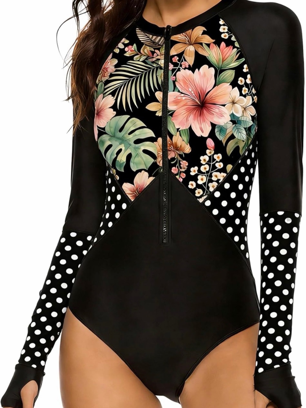 Black Floral & Polka Dot Long-Sleeve One-Piece Swimsuit